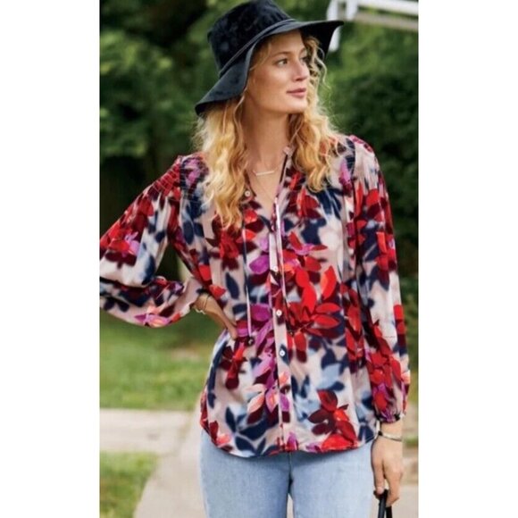 Soft Surroundings Celandine Balloon Sleeve Floral Top Large Cottagecore Country - Picture 1 of 9
